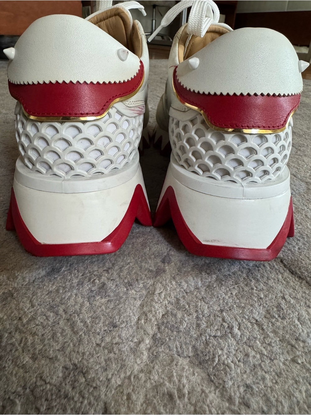 Christian Louboutin White Leather Zigzag Sole Sneakers with Red Accents - Picture 3 of 5